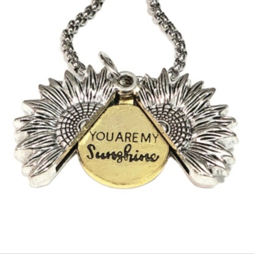 You Are My Sunshine Sunflower Pendant Necklace Silver Long Chain Flower Gift